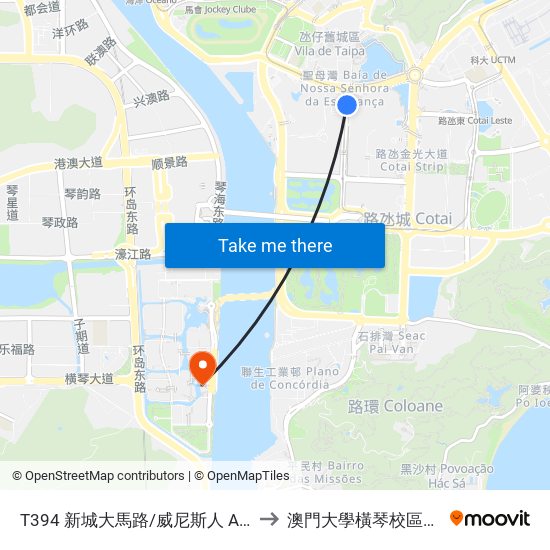 T394 新城大馬路/威尼斯人 Av. Cidade Nova/ Venetian to 澳門大學橫琴校區中央教學樓東四座 map