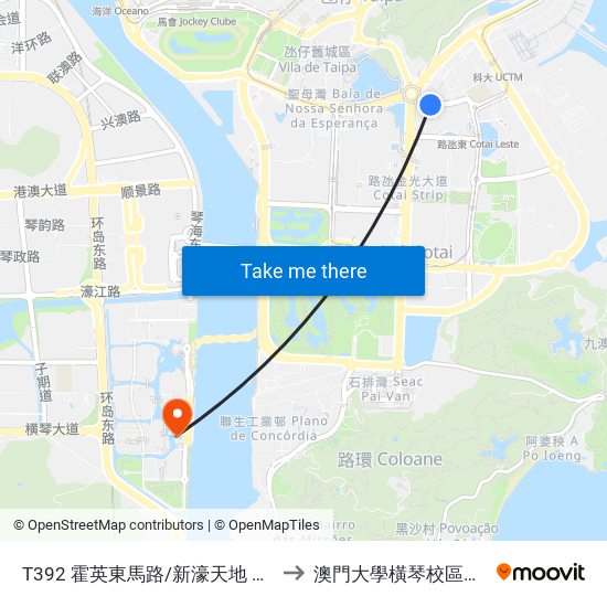 T392 霍英東馬路/新濠天地 Av. Dr. Henry Fok / C.O.D. to 澳門大學橫琴校區中央教學樓東四座 map