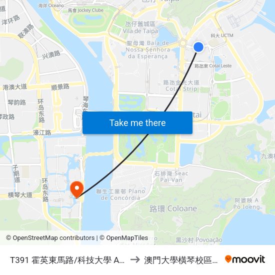 T391 霍英東馬路/科技大學 Av. Dr. Henry Fok / M.U.S.T. to 澳門大學橫琴校區中央教學樓東四座 map