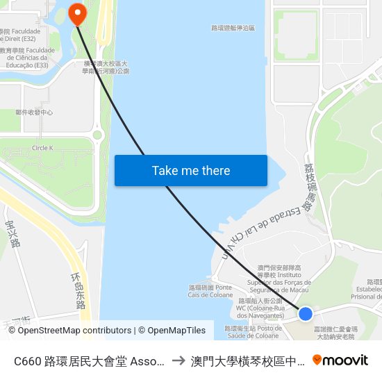 C660 路環居民大會堂 Assoc. De M. De Coloane to 澳門大學橫琴校區中央教學樓東四座 map