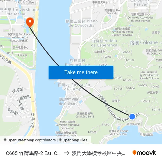 C665 竹灣馬路-2 Est. Cheoc Van-2 to 澳門大學橫琴校區中央教學樓東四座 map