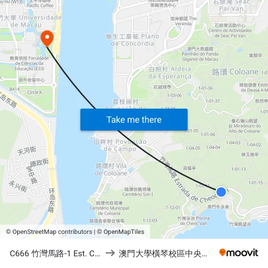 C666 竹灣馬路-1 Est. Cheoc Van-1 to 澳門大學橫琴校區中央教學樓東四座 map