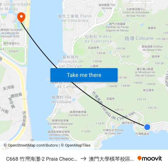 C668 竹灣海灘-2 Praia Cheoc Van-2, Cheoc Van Beach-2 to 澳門大學橫琴校區中央教學樓東四座 map