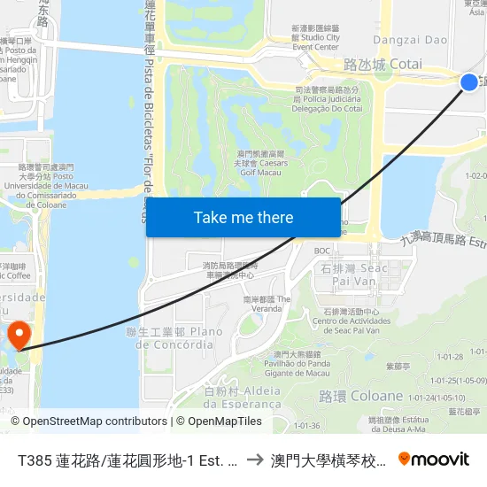 T385 蓮花路/蓮花圓形地-1 Est. F. De Lótus / Rotunda F. De Lótus-1 to 澳門大學橫琴校區中央教學樓東四座 map