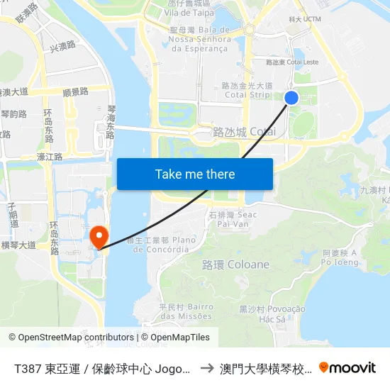 T387 東亞運 / 保齡球中心 Jogos Da Ásia Oriental / Centro De Bowling to 澳門大學橫琴校區中央教學樓東四座 map