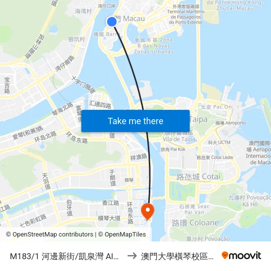 M183/1 河邊新街/凱泉灣 Alm. Sérgio / Riviera  Macau to 澳門大學橫琴校區中央教學樓東四座 map