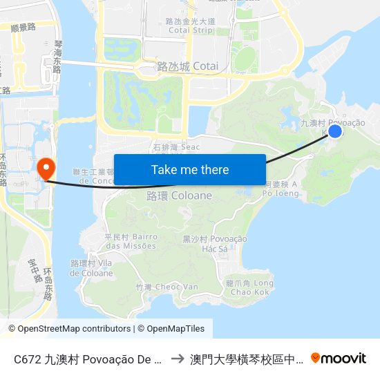 C672 九澳村 Povoação De Ká-Hó, Ka-Ho Village to 澳門大學橫琴校區中央教學樓東四座 map