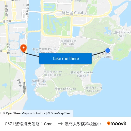 C671 鷺環海天酒店-1 Grand Coloane Resort-1 to 澳門大學橫琴校區中央教學樓東四座 map