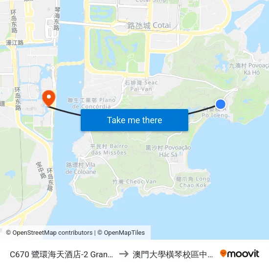 C670 鷺環海天酒店-2 Grand Coloane Resort-2 to 澳門大學橫琴校區中央教學樓東四座 map