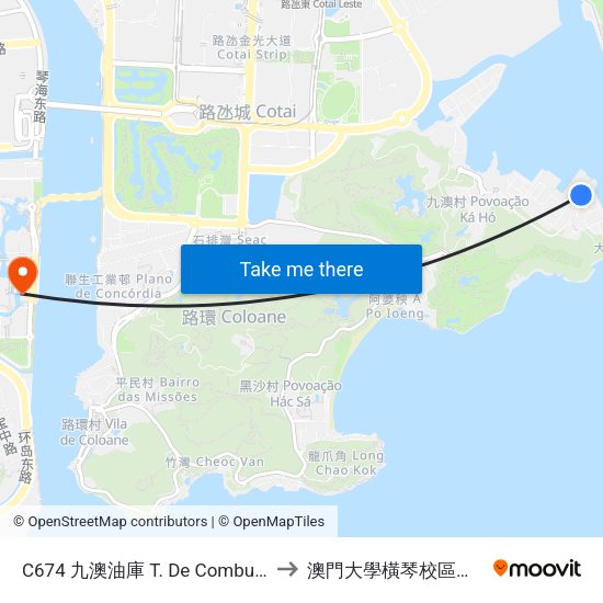 C674 九澳油庫 T. De Combustíveis Do P. De Ká-Hó to 澳門大學橫琴校區中央教學樓東四座 map
