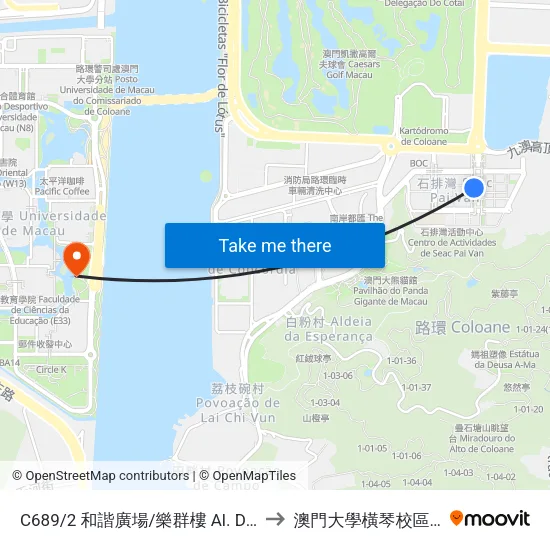 C689/2 和諧廣場/樂群樓 Al. Da Harmonia / Edf. LOK Kuan to 澳門大學橫琴校區中央教學樓東四座 map