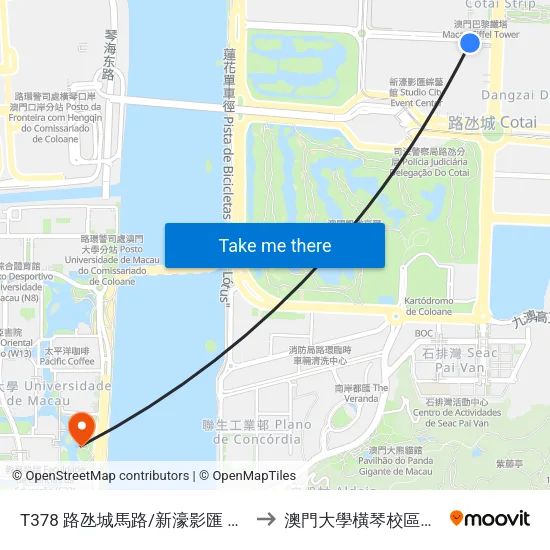 T378 路氹城馬路/新濠影匯 Av. De Cotai / Studio City to 澳門大學橫琴校區中央教學樓東四座 map