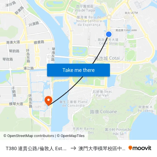 T380 連貫公路/倫敦人 Est.Do Istmo / Londoner to 澳門大學橫琴校區中央教學樓東四座 map