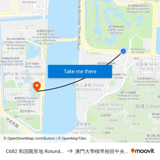 C682 和諧圓形地 Rotunda Da Harmonia to 澳門大學橫琴校區中央教學樓東四座 map