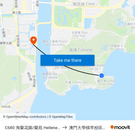 C680 海蘭花園/蘭苑 Hellene Garden / Orchids Villa to 澳門大學橫琴校區中央教學樓東四座 map