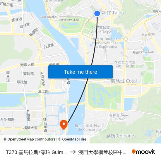 T370 基馬拉斯/濠珀 Guimarães / Nova Park to 澳門大學橫琴校區中央教學樓東四座 map