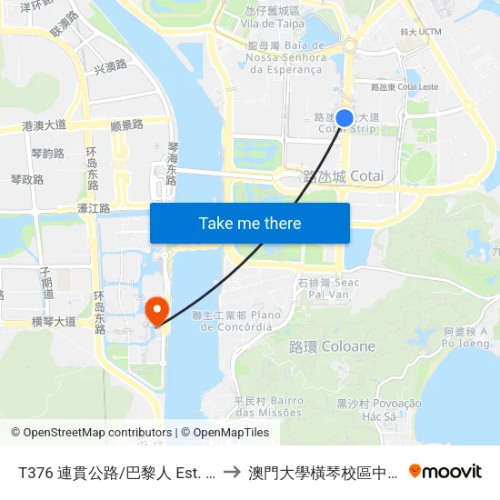 T376 連貫公路/巴黎人 Est. Do Istmo / Parisian to 澳門大學橫琴校區中央教學樓東四座 map