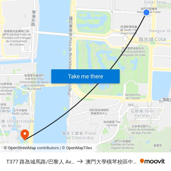 T377 路氹城馬路/巴黎人 Av. De Cotai / Parisian to 澳門大學橫琴校區中央教學樓東四座 map