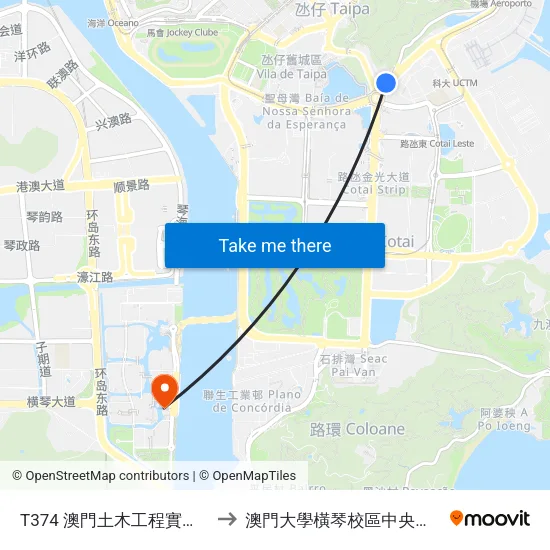 T374 澳門土木工程實驗室 L.E.C.M. to 澳門大學橫琴校區中央教學樓東四座 map