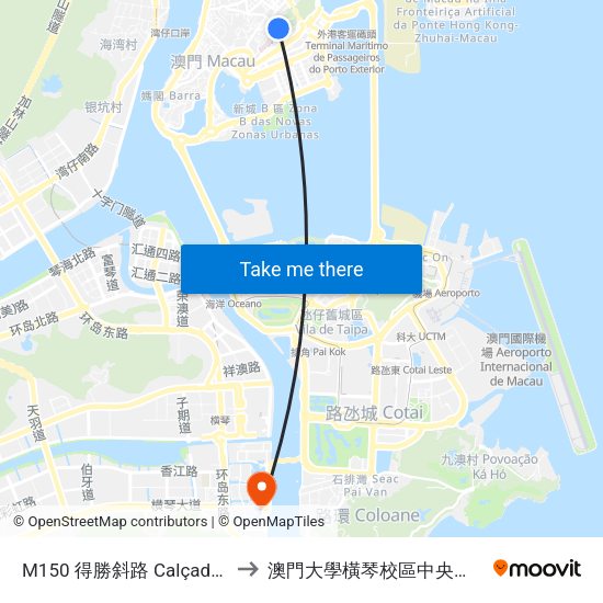 M150 得勝斜路 Calçada Da Vitória to 澳門大學橫琴校區中央教學樓東四座 map