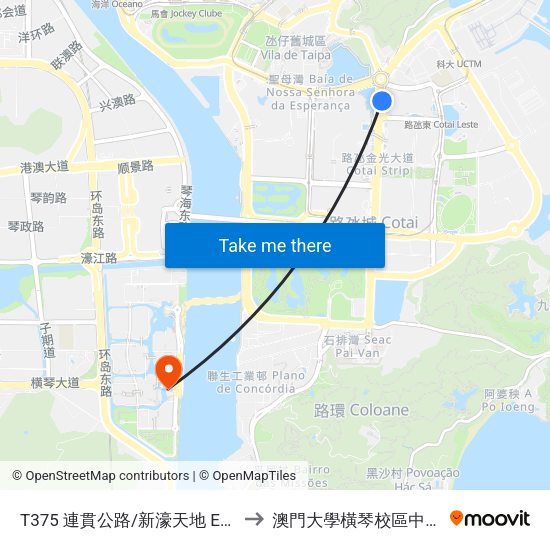 T375 連貫公路/新濠天地 Est. Do Istmo/ C.O.D. to 澳門大學橫琴校區中央教學樓東四座 map