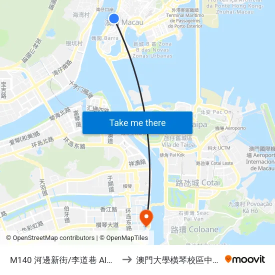 M140 河邊新街/李道巷 Alm. Sérgio/ Trav. Lido to 澳門大學橫琴校區中央教學樓東四座 map