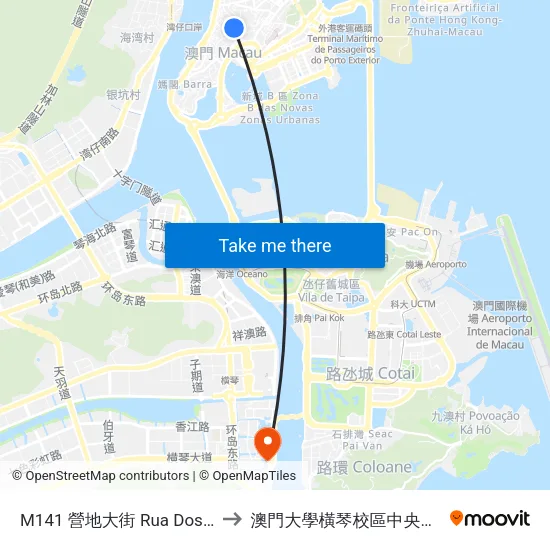 M141 營地大街 Rua Dos Mercadores to 澳門大學橫琴校區中央教學樓東四座 map