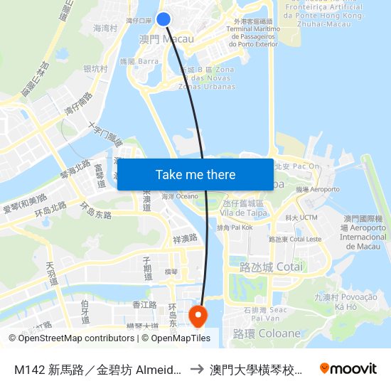 M142 新馬路／金碧坊 Almeida Ribeiro / Mercado Kam Pek to 澳門大學橫琴校區中央教學樓東四座 map