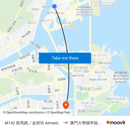 M142 新馬路／金碧坊 Almeida Ribeiro / Mercado Kam Pek to 澳門大學橫琴校區中央教學樓東四座 map