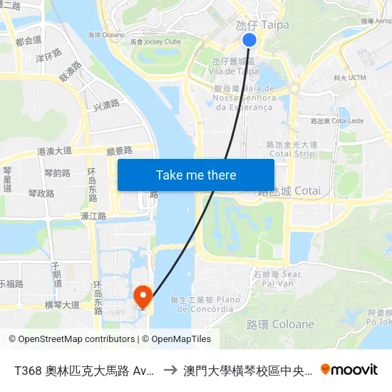 T368 奧林匹克大馬路 Avenida Olímpica to 澳門大學橫琴校區中央教學樓東四座 map