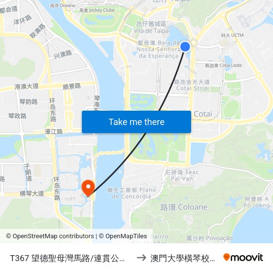 T367 望德聖母灣馬路/連貫公路 Est. Baia N. S. Esperança/ Istmo to 澳門大學橫琴校區中央教學樓東四座 map