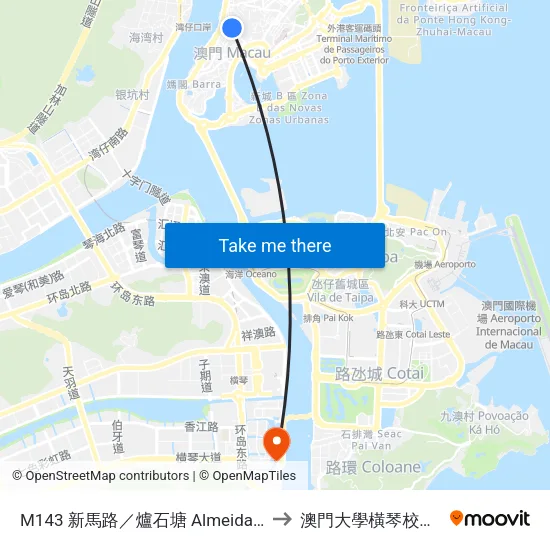 M143 新馬路／爐石塘 Almeida Ribeiro / Rua Camilo Pessanha to 澳門大學橫琴校區中央教學樓東四座 map
