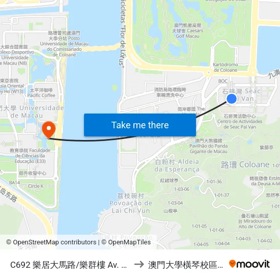 C692 樂居大馬路/樂群樓 Av. De LOK Koi / Edf. LOK Kuan to 澳門大學橫琴校區中央教學樓東四座 map