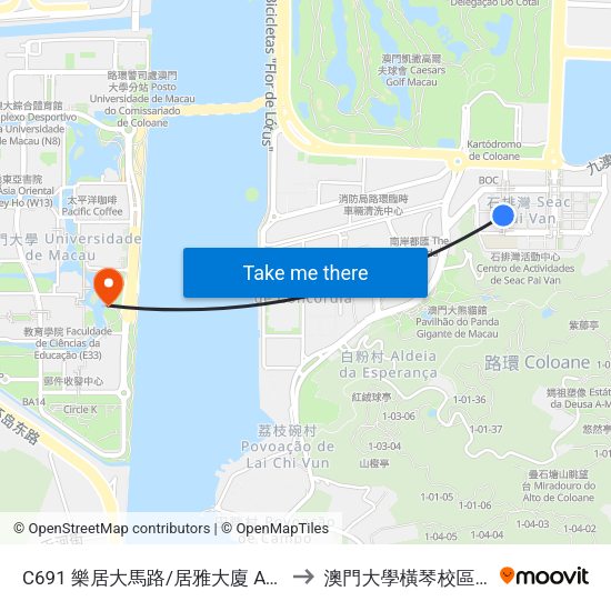C691 樂居大馬路/居雅大廈 Av. De LOK Koi / Edf. Koi Nga to 澳門大學橫琴校區中央教學樓東四座 map