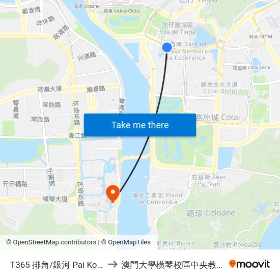 T365 排角/銀河 Pai Kok / Galaxy to 澳門大學橫琴校區中央教學樓東四座 map