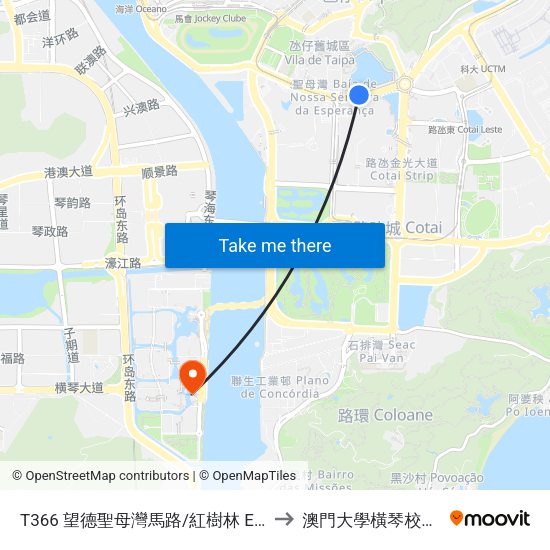 T366 望德聖母灣馬路/紅樹林 Est. Baia N. S. Esperança/ Mangal to 澳門大學橫琴校區中央教學樓東四座 map