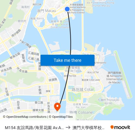 M154 友誼馬路/海景花園 Av.Amizade/ Praceta De Miramar to 澳門大學橫琴校區中央教學樓東四座 map