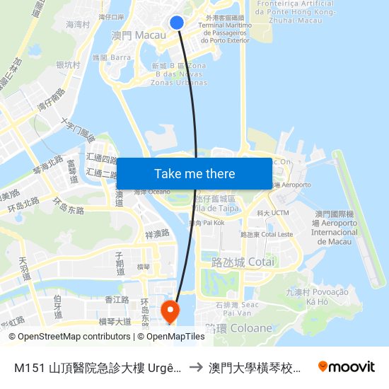 M151 山頂醫院急診大樓 Urgências Do Hospital S. Januário to 澳門大學橫琴校區中央教學樓東四座 map