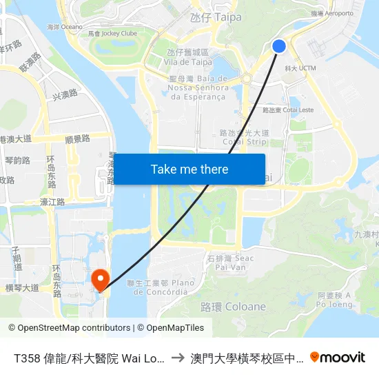 T358 偉龍/科大醫院 Wai Long/M.U.S.T.-Hospital to 澳門大學橫琴校區中央教學樓東四座 map