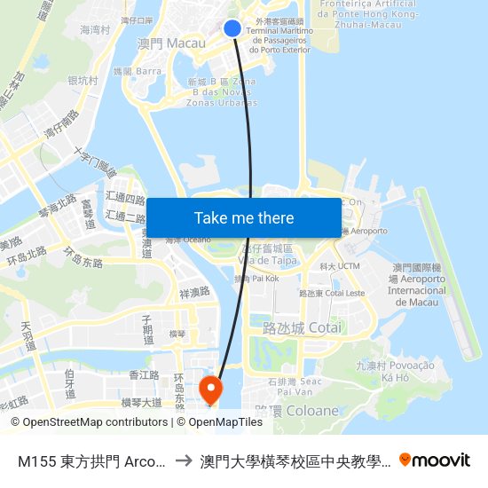 M155 東方拱門 Arco Oriente to 澳門大學橫琴校區中央教學樓東四座 map