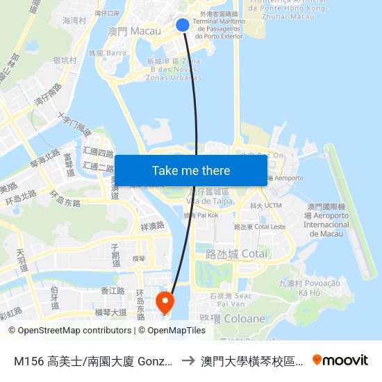M156 高美士/南園大廈 Gonzaga Gomes/ Edf. Nam Yun to 澳門大學橫琴校區中央教學樓東四座 map