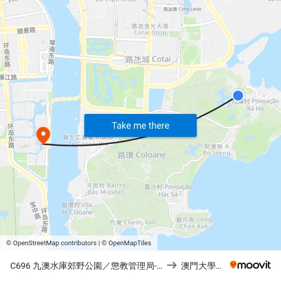C696 九澳水庫郊野公園／懲教管理局-2 Parque De M. Da Barragem De Ká-Hó / Dsc-2, Ka-Ho Reservoir Country Park / Dsc-2 to 澳門大學橫琴校區中央教學樓東四座 map