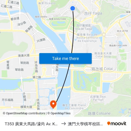 T353 廣東大馬路/濠尚 Av. Kwong Tung / Nova Grand to 澳門大學橫琴校區中央教學樓東四座 map