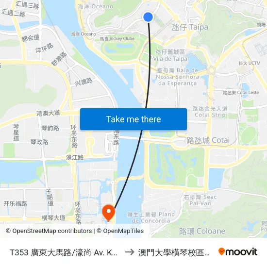T353 廣東大馬路/濠尚 Av. Kwong Tung / Nova Grand to 澳門大學橫琴校區中央教學樓東四座 map