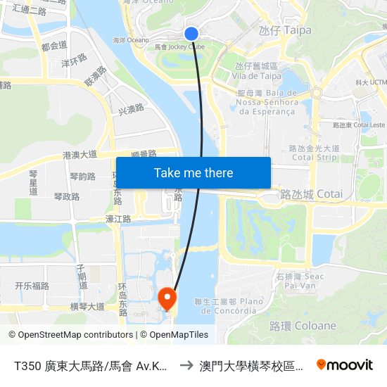 T350 廣東大馬路/馬會 Av.Kwong Tung/ Jockey Club to 澳門大學橫琴校區中央教學樓東四座 map