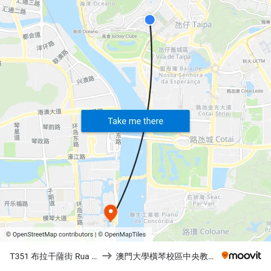 T351 布拉干薩街 Rua Bragança to 澳門大學橫琴校區中央教學樓東四座 map
