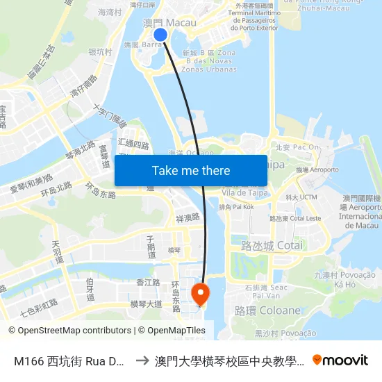 M166 西坑街 Rua Da Penha to 澳門大學橫琴校區中央教學樓東四座 map
