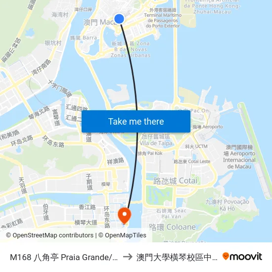 M168 八角亭 Praia Grande/ Jardim S. Francisco to 澳門大學橫琴校區中央教學樓東四座 map