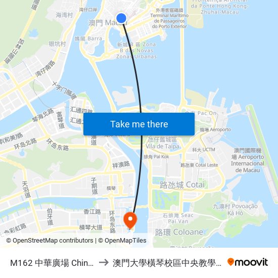 M162 中華廣場 China Plaza to 澳門大學橫琴校區中央教學樓東四座 map