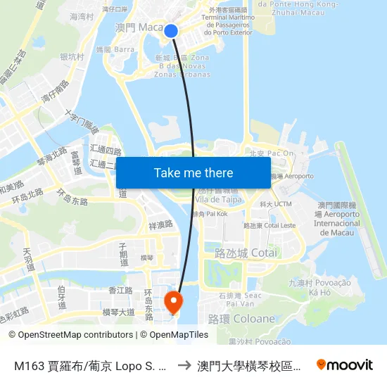 M163 賈羅布/葡京 Lopo S. Carvalho/ Hotel Lisboa to 澳門大學橫琴校區中央教學樓東四座 map